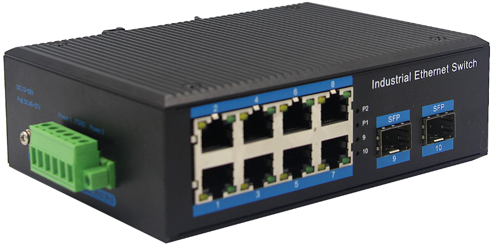 Din-rail design, Alliuminun Unmanaged Industrial Switch,  10/100Mbps 8-Port RJ45+2-Port gigabit SFP, 