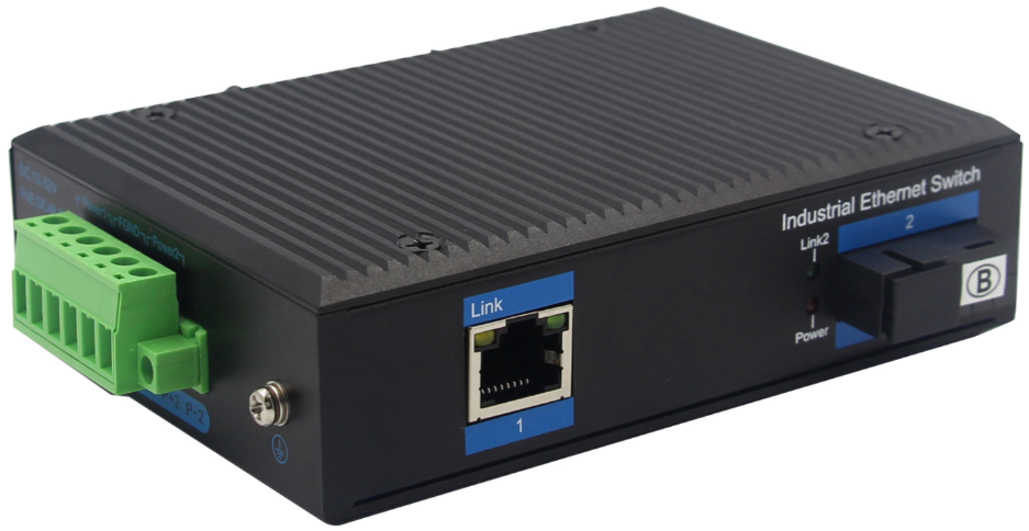 Din-rail design, Alliuminun Unmanaged Industrial Switch,  10/100/1000Mbps 1-Port RJ45+1-Port optical 