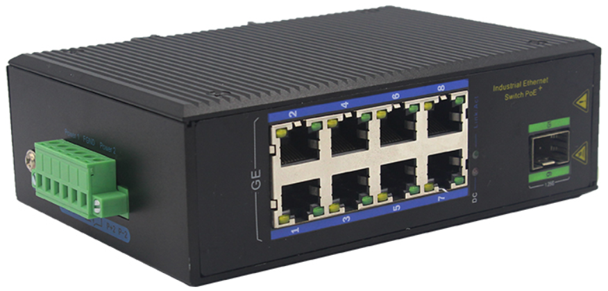 Din-rail design, Alliuminun Unmanaged Industrial Switch,  10/100/1000Mbps 8-Port RJ45+1-Port optical 