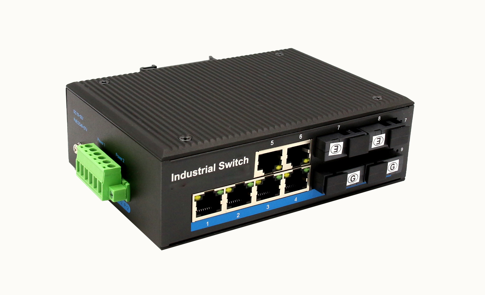 Alliuminun Unmanaged Industrial Switch,  10/100/1000Mbps 6-Port RJ45+4-Port optical 1*9 (Single-Mode (1310nm) ,Dual,SC 20km) ,DC48~57V -40℃-80℃,  4 port PoE ZXD46GP-SC20 