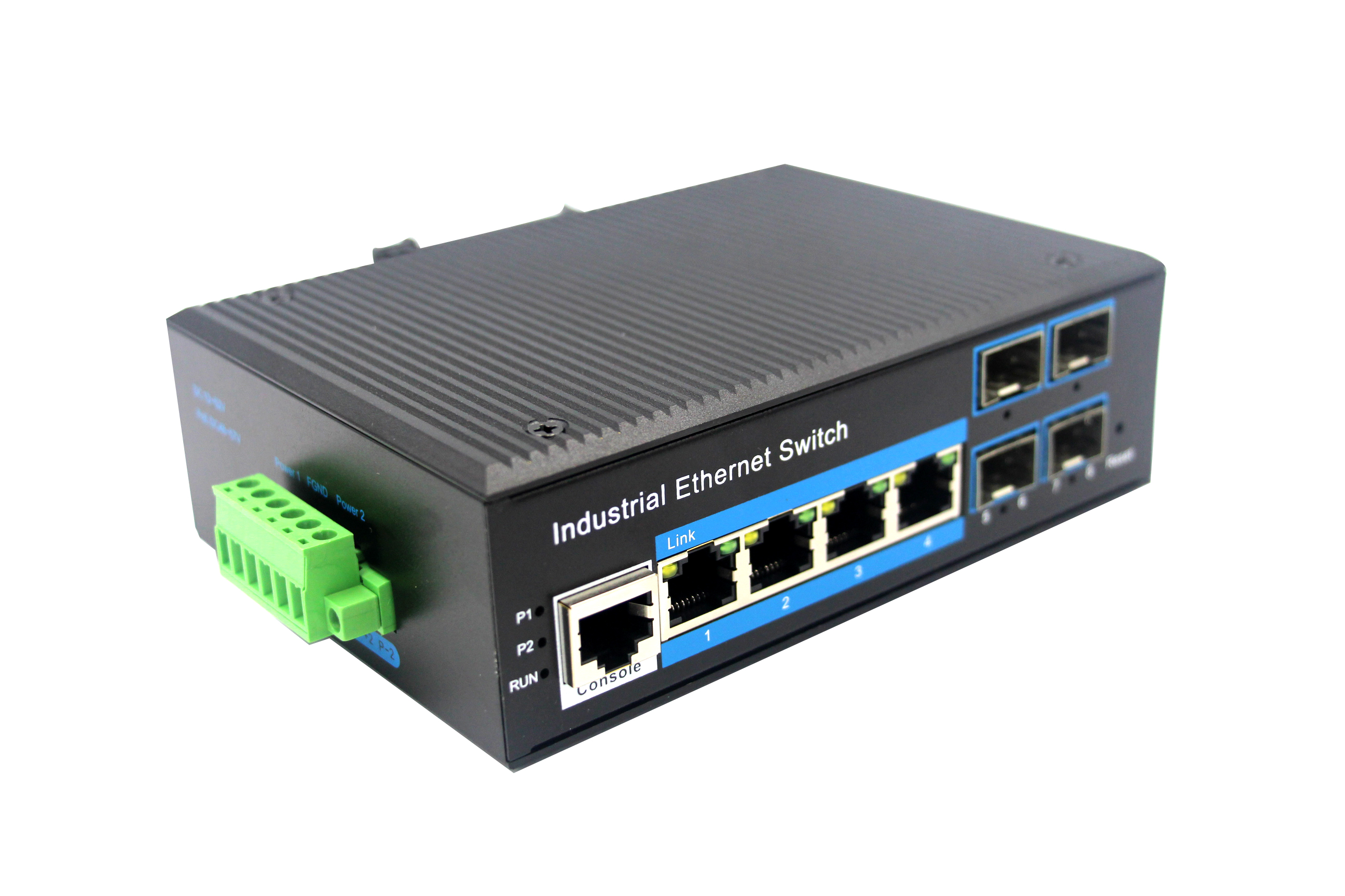 Din-rail design, Alliuminun L2+ Managed Industrial Switch,  10/100/1000Mbps 4-Port RJ45+4-Port gigab 